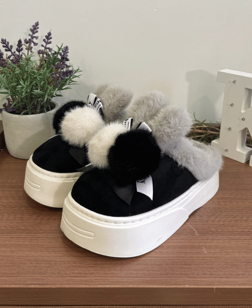 Zapatillas KALESIS BUNNY-CAT - Niño y Adulto, con Plataforma, Cómodas, Calientes para el Invierno, con dos Pompones de Lana